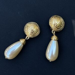 Vintage Givenchy Gold Tone Clip On Dangle Teardrop Earrings Faux Pearl 2"